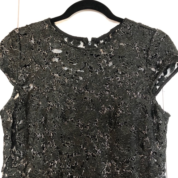 Marina Black Silver Lace Shift Cap Sleeve Dress Size 10 - Picture 2 of 4